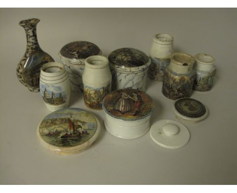 Three Prattware Pot Lids, two Jars with lids having marbled decorated sides, Flask Vase with Great Exhibition Panel and five 