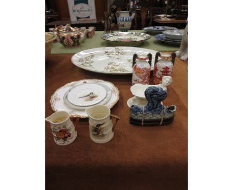 A Royal Worcester Jug painted kingfishers signed H. Powell, A/F, a small Jug painted fruit A/F, two small Plates, one painted