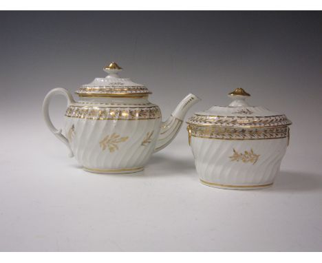 A Chamberlain, Worcester type part Tea Sevice of spiral fluted form painted gilt sprigs,viz: Teapot and Stand, Sucrier, Slop 