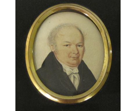 ENGLISH SCHOOL C. 1835. Portrait miniature of a Gentleman, head and shoulders wearing a dark Coat, watercolour, oval, 3 x 2 1