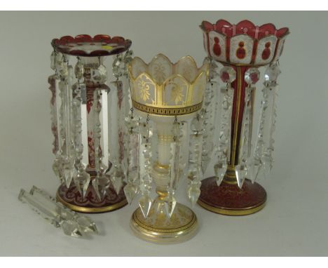 A 19th Century Continental ruby glass Lustre with white and gilt decoration 12in, a ruby flashed glass Lustre with gilt decor