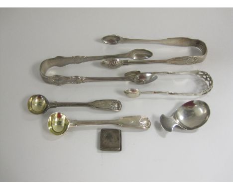 A George III silver plain Caddy Spoon, London 1810, maker: J.S, two William IV silver Salt Spoons fiddle, thread and shell pa