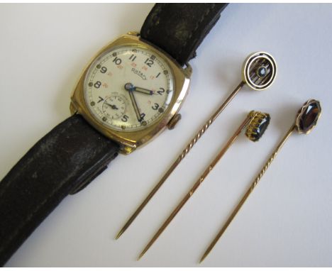 A Gentleman’s Rotary Wristwatch, the cream dial with arabic numerals and subsidiary dial in 9ct gold cushion case engraved Ca