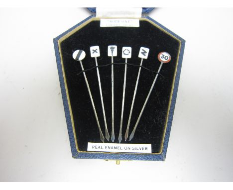 Six George V silver and enamel  Rodesine  Cherry Picks or Cocktail Sticks with finials in the form of road signs including 30