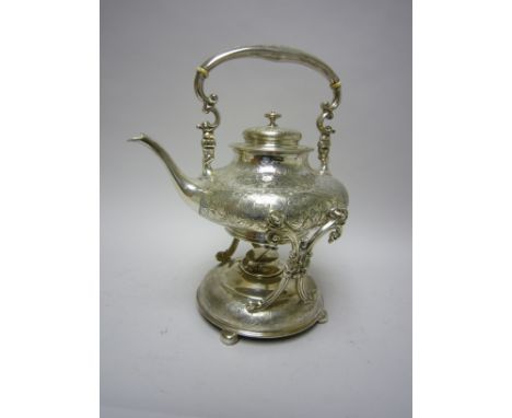 A Birks sterling silver Tea Kettle of compressed circular form, scroll engraved, on stand with spirit burner