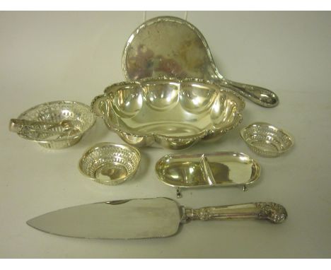 A George V silver lobed oval Bowl, Birmingham 1921, three pierced circular Dishes, two division Pin Dish, silver mounted Mirr