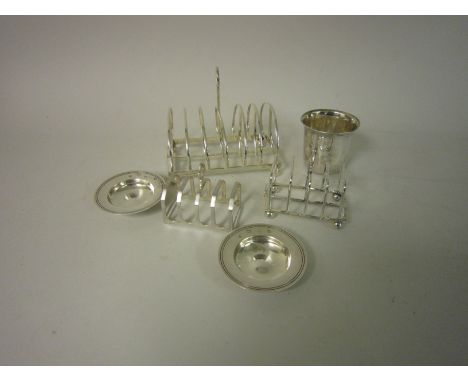 Two small silver Toastracks, Birmingham 1933 and Sheffield 1903, pair of circular Trinket Dishes, London 1968, Continental si