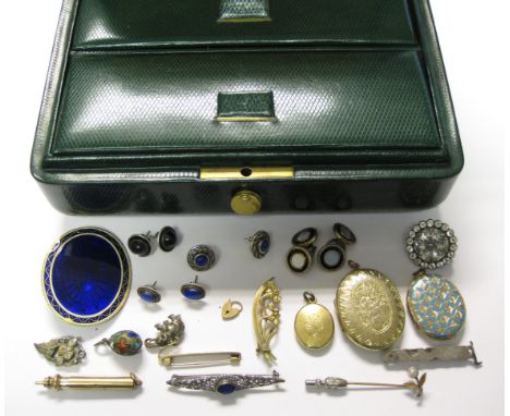 A green leather Jewel Box containing oval blue enamel Brooch, three pairs Earrings, pair Cufflinks set mother of pearl, three
