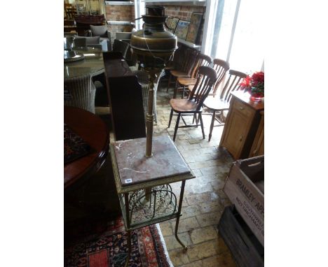 A brass Canterbury conservatory oil lamp stand with marble top - Height 150cm x 40cm square