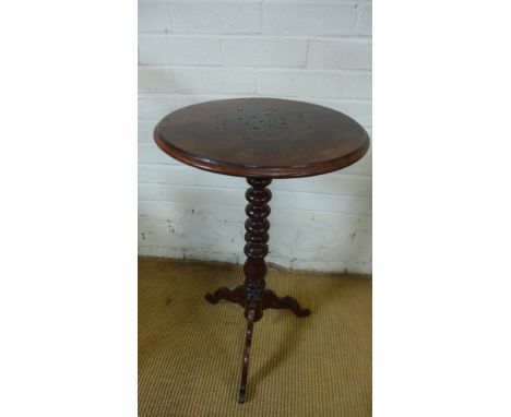 A 19th century inlaid rosewood tripod or wine table - to restore - the top inlaid with brass in an intricate design, enamel o