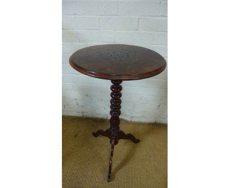 A 19th century inlaid rosewood tripod or wine table - to restore - the top inlaid with brass in an intricate design, enamel o