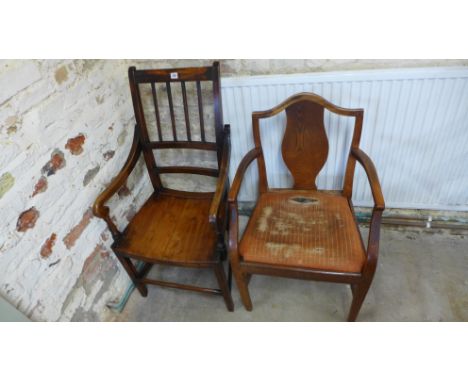 A tall back East Anglian armchair with scroll arms, stick back and dished seat, early 19th century in birch and elm - 55cm x 
