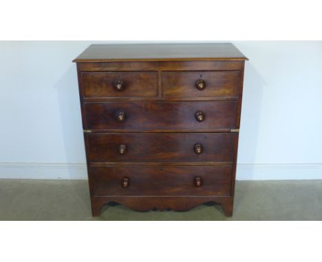 A 19th century mahogany two part five drawer military type chest on bracket feet with shaped aprons - Height 113cm x Width 10