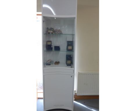 A modern jewellery cabinet with a single convex glass door with a lock and key and a slide and cupboard door with low voltage