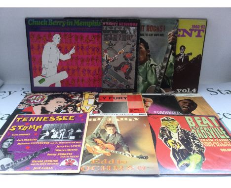 A collection of rock n roll and rockabilly LPs and 10" discs by various artists including Elvis Presley, Gene Vincent, Eddie 