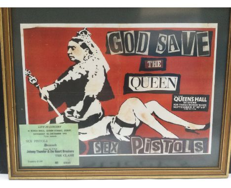 A reproduction Sex Pistols concert ticket for a 1976 tour where most dates were cancelled, a reproduction concert poster plus
