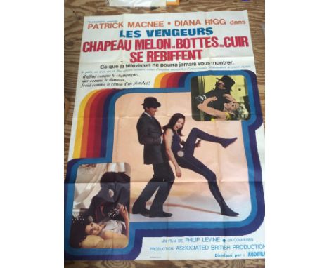 A rare 1967 French film poster for The Avengers, approx 116cm x 156cm. Folded with two holes along one fold.