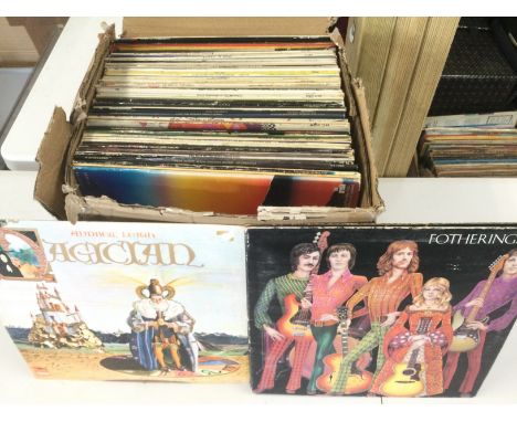 A box of LPs by various artists including Fotheringay, Elvis Presley and others.