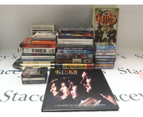 A collection of Kinks CD box sets, DVDs, VHS tapes and audio cassettes.