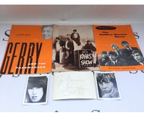 A Scott Walker signed photograph plus two other Walker Brothers photos plus three 1960s programs for The Rolling Stones, The 