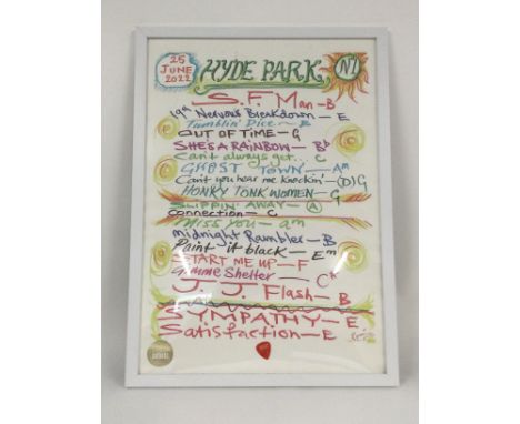 A framed and glazed print of a Rolling Stones 2022 set list by Ronnie Wood, approx 45cm x 62cm.