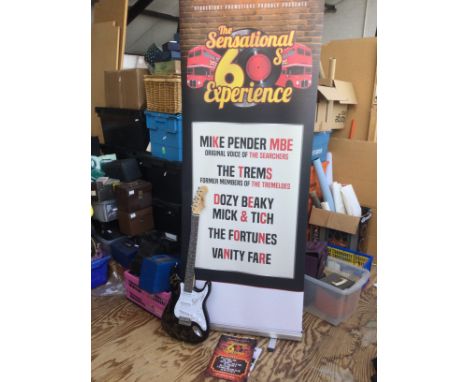 A multi signed guitar, roller banner and program for The Sensational 60s Experience tour in 2022/23. Names include Mike Pende