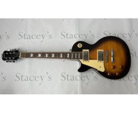 An Epiphone by Gibson Les Paul Standard type left handed electric guitar in Tobacco Sunburst with flame maple top. All origin