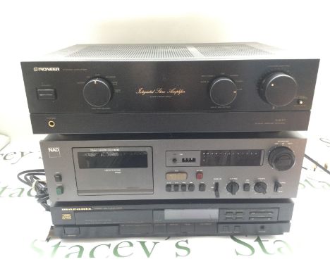 A Pioneer A400 amplifier, a NAD 6340 cassette deck and a Marantz CD65 ii CD player (3).