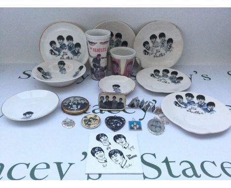 A collection of mainly 1960s Beatles memorabilia comprising a NEMS plastic beaker, NEMS cup, plates, tile etc.