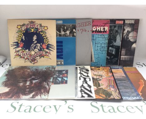 Twelve rock and blues LPs by various artists including Jimi Hendrix, Rory Gallagher, Gary Moore and Santana.
