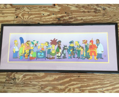 Two framed and glazed animation serigraph cels of characters from The Simpsons, one signed by Wes Archer. Largest approx 105c