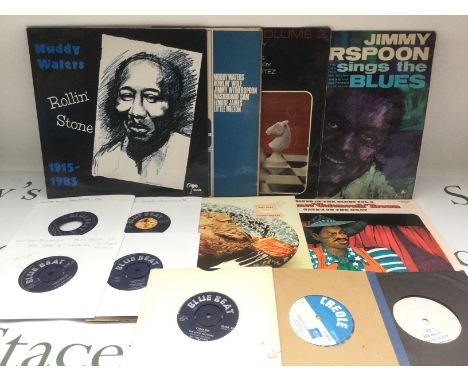 Six blues LPs by various artists including T Bone Walker, Muddy Waters and others plus some Blue Beat reggae 7" singles and o