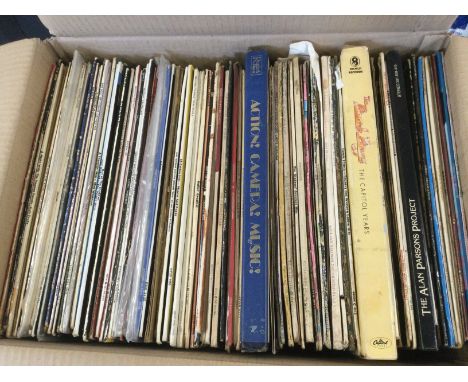 Three boxes and two record cases of LPs by various artists including Bruce Springsteen, Humble Pie, Otis Redding, Rolling Sto