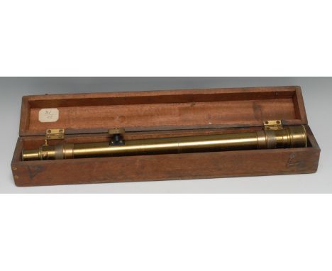 A 19th century lacquered brass surveying telescope, possibly from a theodolite, rack and pinion adjustment, 39.5cm long, maho