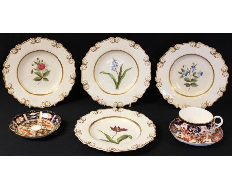 A set of four English porcelain Botanical shaped circular dessert plates, each with colourful speciment, the borders in relie