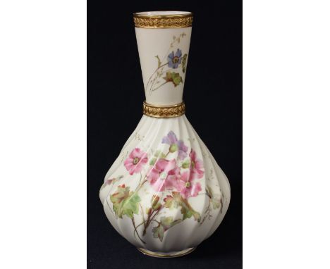 A Royal Worcester blush ivory spirally fluted bottle vase, printed and painted with summer blossom, 27.5cm, pattern number 14