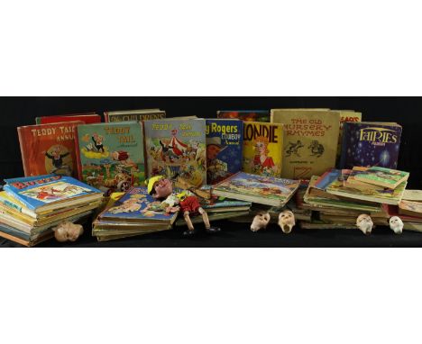 A collection of 19th century bisque dolls heads; a Pelham Puppet, Pinocchio; Books - children's books and annuals, The Childr