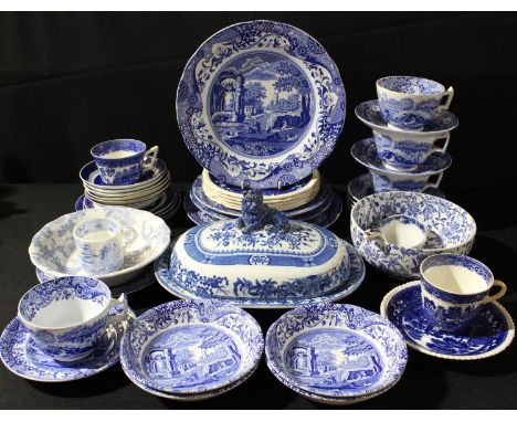 Blue and White - Spode Italian pattern dinner plates, dessert plates, teacups and saucers;  Copeland Tower pattern;  a Staffo