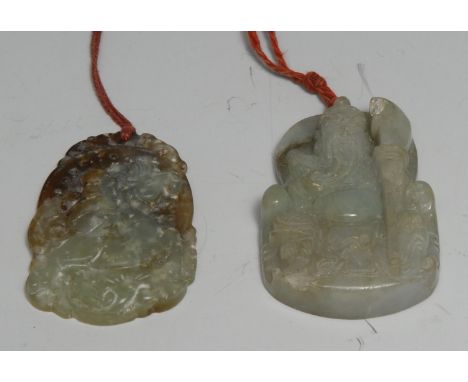 A Chinese jade tablet pendant, carved with an elder, 5.5cm long; another (2) 