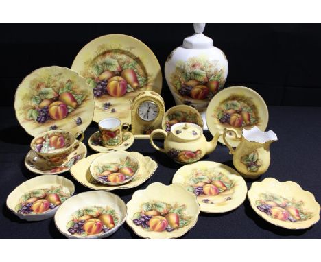 Aynsley Orchard Gold - mantel clock;  teapot, milk jug, coffee can and saucer;   teacup and saucer, dinner plate, trinket dis