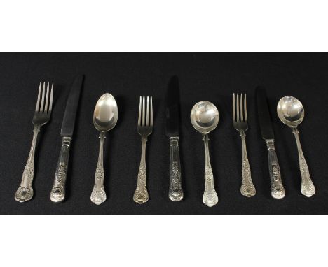 A silver part set of Kings pattern flatware, comprising table fork, spoon, pair of salad forks, pair of table knives, salad k