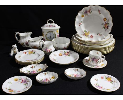 Royal Crown Derby Posies - a mantel clock, bear paperweight;  seven dinner pates;  bread and butter plate;  wavy edge plate; 