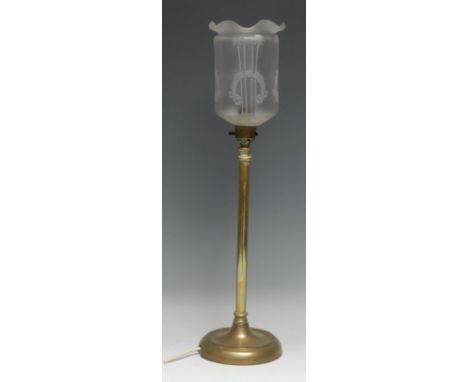 A brass desk or table lamp, Edwardian etched glass shade, dished circular base, 49cm high overall 
