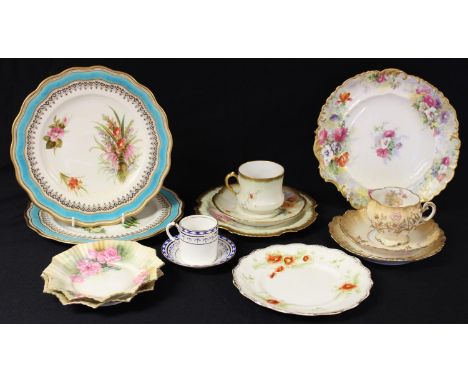 A pair of Minton shaped circular dessert plates, hand painted with flowers; a Limoges tea cup,saucer and tea plate; another c