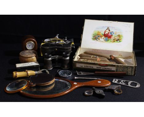 A pair of 20th century opera binocular, leather case;  a Victorian horn snuff box, c.1860;  Corona cigars;  etc 