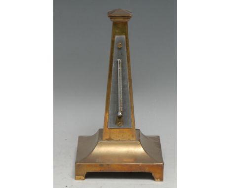 A 19th century cast brass obelisk desk thermometer, silvered register, bracket feet, 18.5cm high, c.1870 