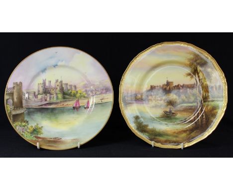 A Royal Worcester circular plate, painted by Rushton, Windsor Castle, 27cm diam, printed mark;  another, Conway Castle, Caern