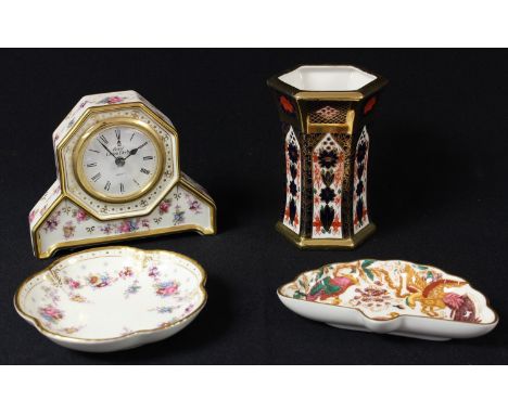 A Royal Crown Derby 1128 pattern hexagonal vase, 11.5cm, second; a Royal Antoinette pattern miniature mantel clock, 11cm high