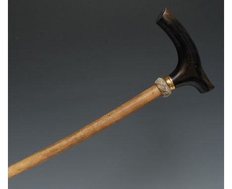 A 19th century marine bone walking stick, the shaft possibly a whale rib, serpentine L-shaped tortoiseshell handle, gilt meta