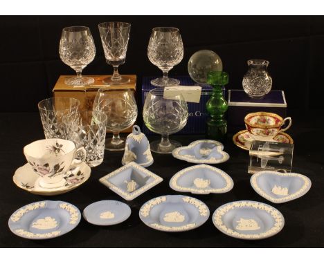 A Wedgwood Jasperware bell, trinket dishes, a Royal Albert cup and saucer, another; a Royal Doulton crystal brandy balloon, b